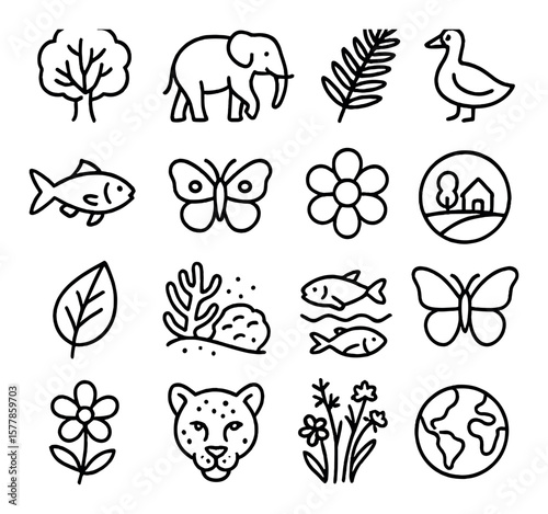 Diverse ecosystem collection, nature and wildlife symbols. environment and habitat icon set