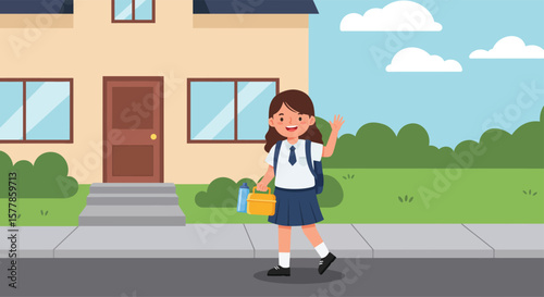 Cheerful Schoolgirl with Lunchbox Waving Goodbye on First Day of School – Flat Vector