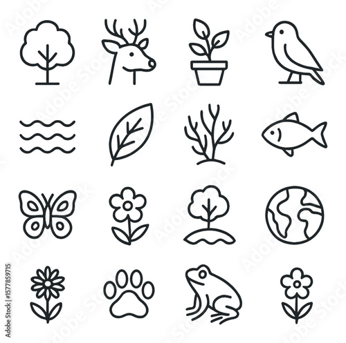 Biodiversity icons collection: nature, wildlife symbols. environment and ecosystem set
