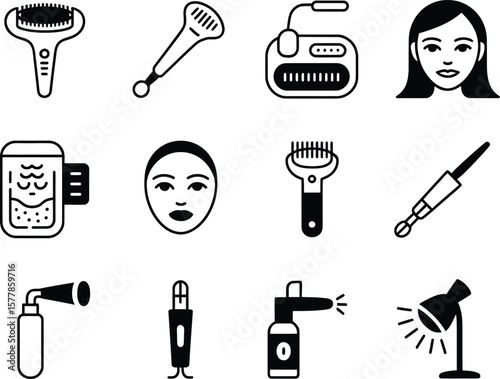 Collection of black and white icons representing skincare and beauty devices