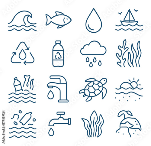 Marine conservation collection, ocean protection symbols. sea and water sustainability icons
