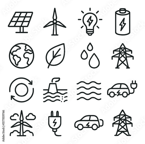Clean energy icon collection, renewable symbols. eco-friendly and sustainable power set