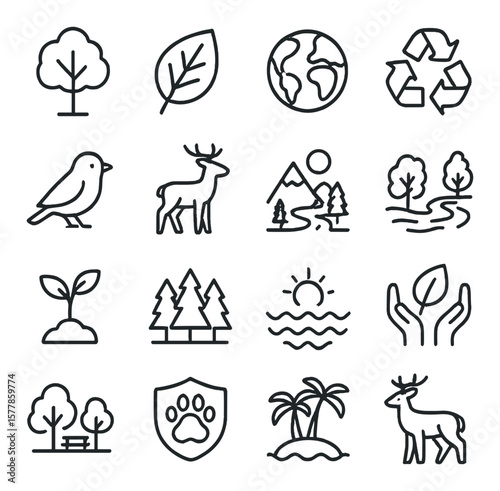 Nature conservation collection, eco-friendly and sustainability icons for environmental themes