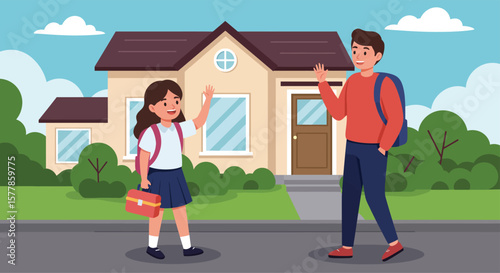 Cheerful Schoolgirl with Lunchbox Waving Goodbye on First Day of School – Flat Vector
