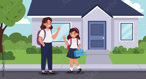 Cheerful Schoolgirl with Lunchbox Waving Goodbye on First Day of School – Flat Vector