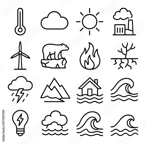 Climate change icon collection, environmental and global warming symbols for awareness