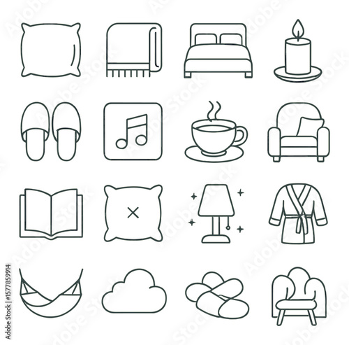 Cozy comfort collection, home relaxation icons. comfort and warmth symbols set