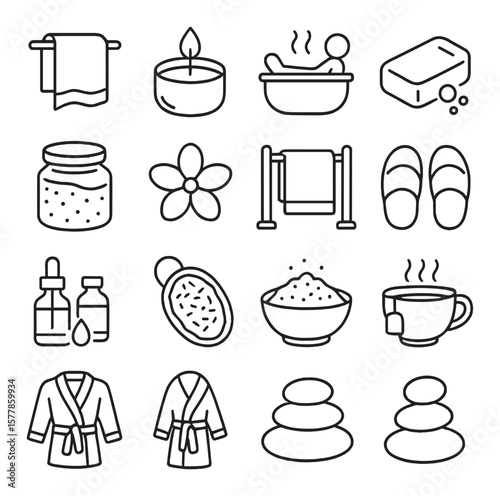 Spa essentials icon collection, wellness relaxation elements. spa, therapy, self-care set