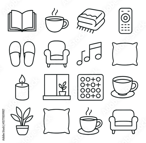 Cozy leisure collection, comfort and relaxation icons. warmth and home decor set