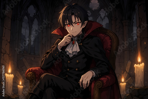 Anime Vampire Prince Sitting in Gothic Castle