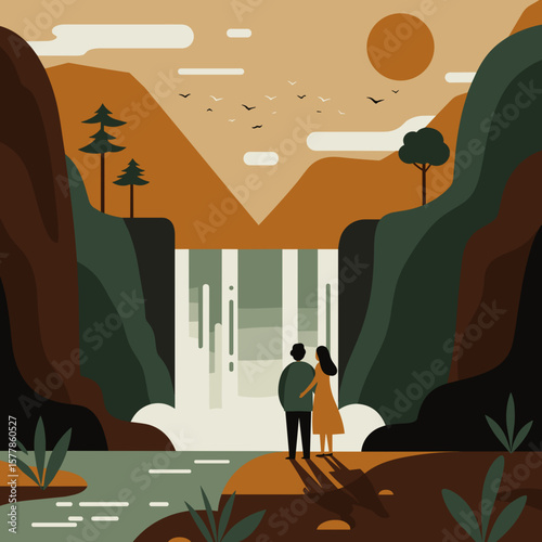 Couple standing by a waterfall in the mountains at sunset  