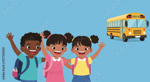 Three diverse children smiling and waving beside school bus on blue background  