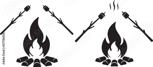 Campfire and marshmallows roasting on sticks silhouette
