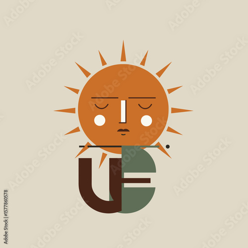 Abstract sun illustration with serene face and stylized letters  
