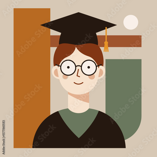 Graduate student wearing cap and gown with glasses on abstract background  