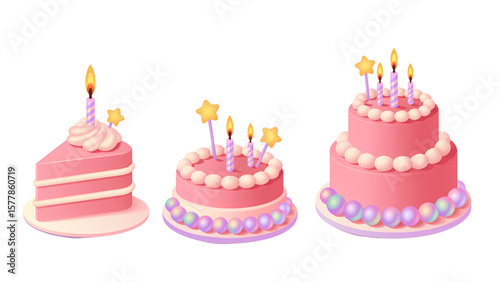 Three pink birthday cakes with lit candles and star decorations isolated on transparent background