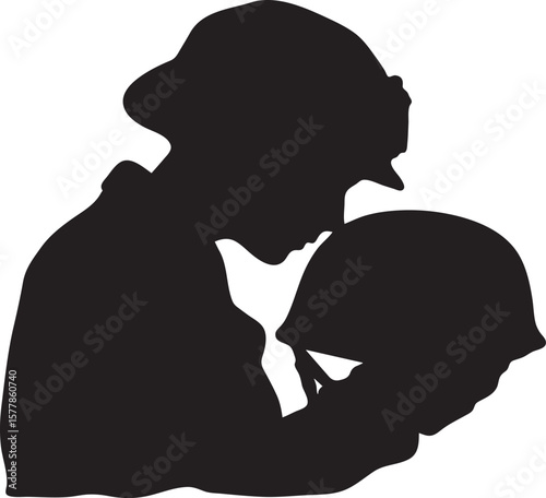 Silhouette of Grieving Mother Embracing Fallen Soldier’s Helmet