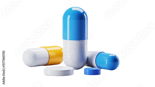 Three colorful pharmaceutical capsules and two pills isolated on transparent background