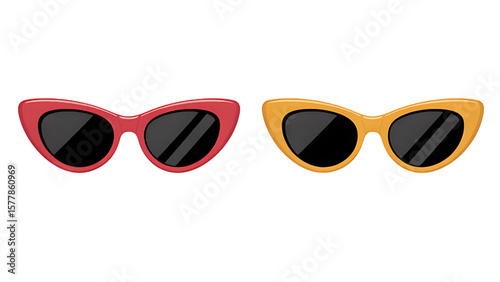 Two vintage cat eye sunglasses in red and yellow isolated on transparent background