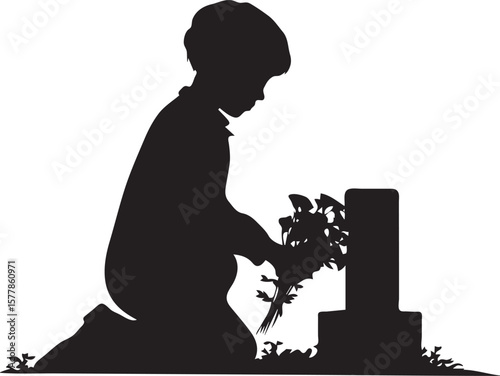 Silhouette of Kneeling Child Honoring Loved One with Flower at Grave