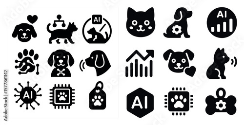 Collection of dog and cat icons. The dog icons include a dog with a heart, a dog with a microphone, and a dog with a computer