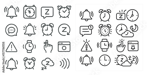 Collection of various clock icons, including a bell, a camera, and a watch. The icons are arranged in a grid, with some overlapping each other. Scene is one of organization and order
