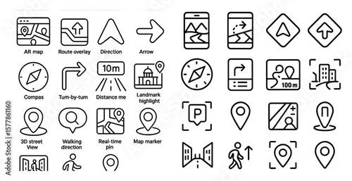 Collection of icons for navigation and location services. The icons include a compass, arrow, and a map
