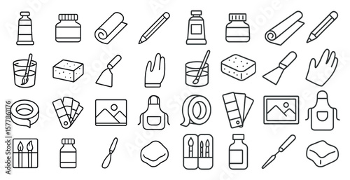 Collection of various items, including a paintbrush, a palette, and a roll of tape