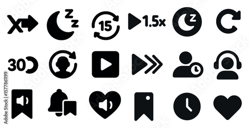 Collection of icons including a heart, arrow, and clock. The icons are all black and white