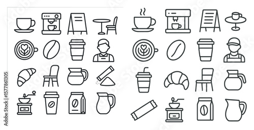 Collection of coffee shop icons including cups, coffee makers, and chairs. The icons are arranged in two rows, with the top row featuring more coffee-related items