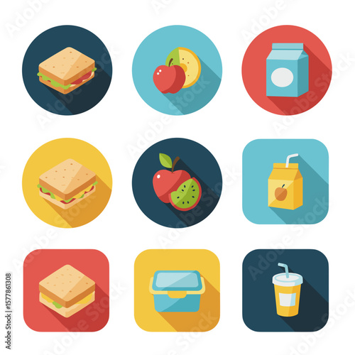 Food icons including sandwiches, fruits, and beverages in flat design  