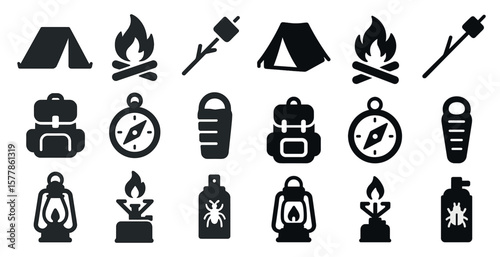 Collection of icons for camping and outdoor activities. The icons include a tent, a compass, a backpack, a fire, and a marshmallow