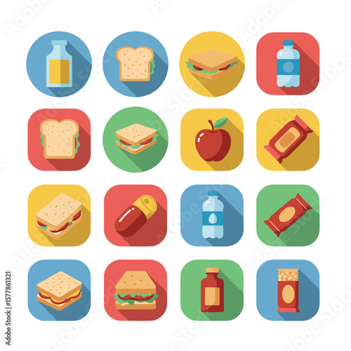 Food icons collection with sandwiches, drinks, and snacks in flat style  