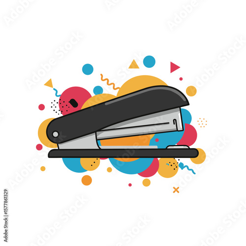 Stapler on colorful background with geometric shapes and patterns  