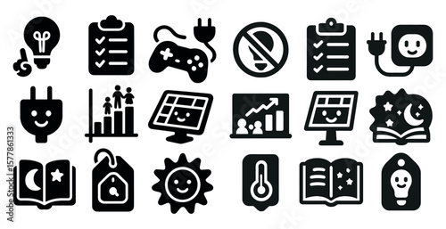 Collection of black and white icons, including a light bulb, a book, a computer, a game controller, a keyboard, a mouse, a solar panel, a clock, a thermometer, a light switch, a power outlet, and a