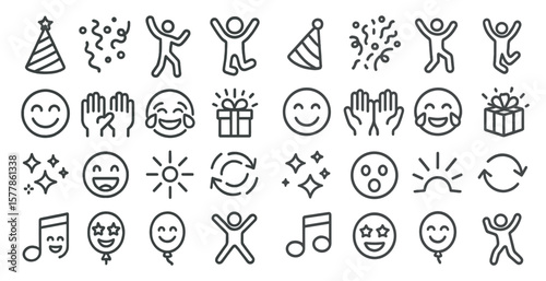 Collection of black and white icons that represent various emotions and actions. The icons include a smiling face, a hand clapping, a person dancing, and a person blowing out candles