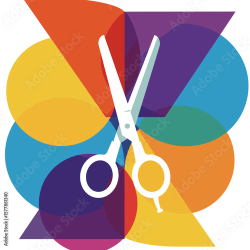Colorful scissors graphic with overlapping geometric shapes  