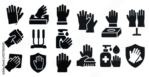 Collection of black and white icons for gloves, hand sanitizer, and other protective gear