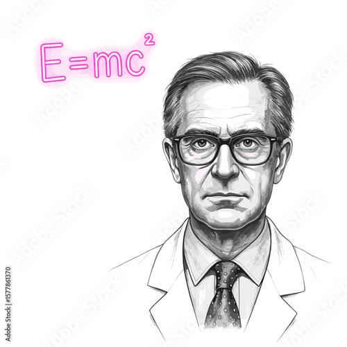 Scientist with glasses and lab coat presenting E=mc² equation  