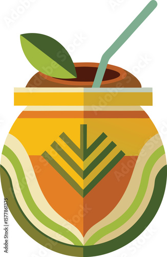Colorful Illustration of a Traditional Mate Gourd with a Straw and Leaf, South American Drink, Yerba Mate, Flat Design,...