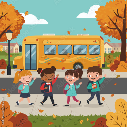 Four children happily walk to school through an autumn park.
