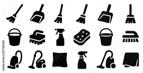 Collection of cleaning tools and supplies. The image is black and white. Scene is clean and organized