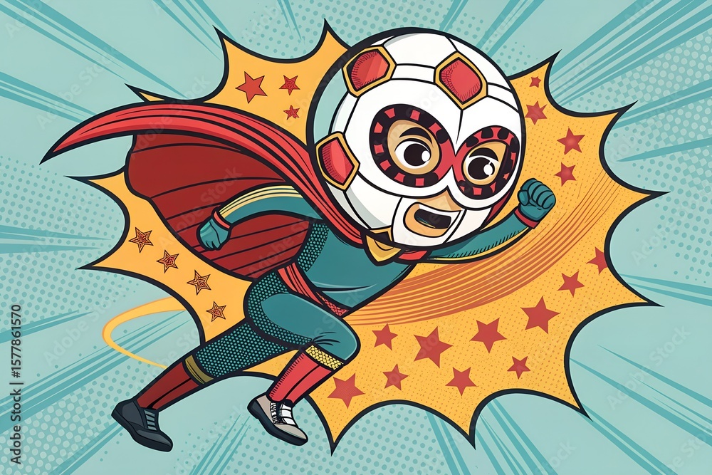 Fototapeta premium A cartoon superhero with a soccer ball head runs with a cape and mask, ready for action