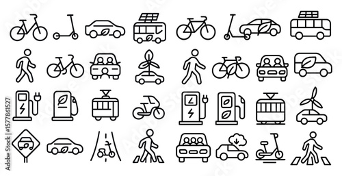 Collection of icons for various modes of transportation, including cars, buses, bicycles, and scooters