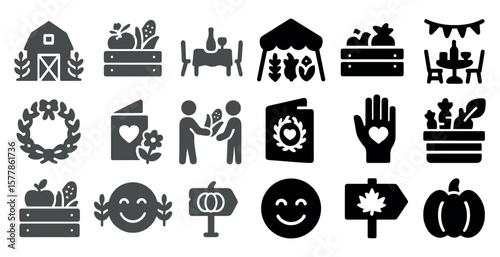 Collection of black and white icons that represent various aspects of life, including love, friendship, and celebration