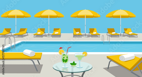 Hotel poolside with umbrellas, towels, and cocktails, flat vector scene