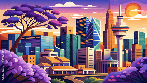 Johannesburg, South Africa – Skyscrapers, art murals, and jacaranda-lined streets reflect energy and culture. Urban beauty thrives beneath golden African sunlight in this dynamic metropolis.