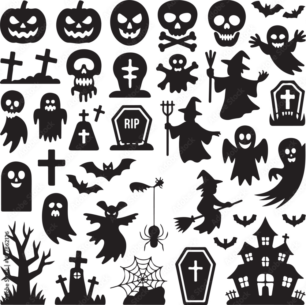 Fototapeta premium Spooky Halloween Silhouette Collection VectorHaunted House with Bats and Moon Halloween SceneWitch Flying on Broomstick Halloween SilhouetteHalloween Pumpkin and Cat Silhouette IllustrationCre