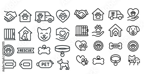 Collection of dog related icons including a dog collar, a dog house, a dog leash, a dog tag, a dog crate, a dog car seat, a dog car seat, a dog car seat, a dog car seat, a dog car