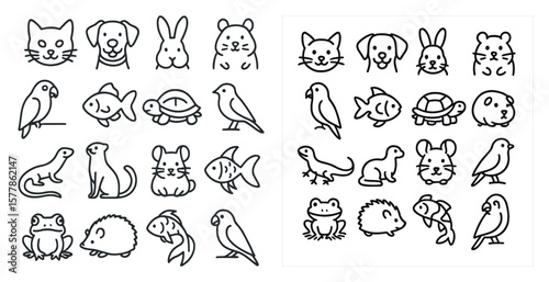 Black and white image of various animals, including cats, dogs, birds, and fish. The image is a collection of different animal icons, each with a unique design. Scene is playful and whimsical